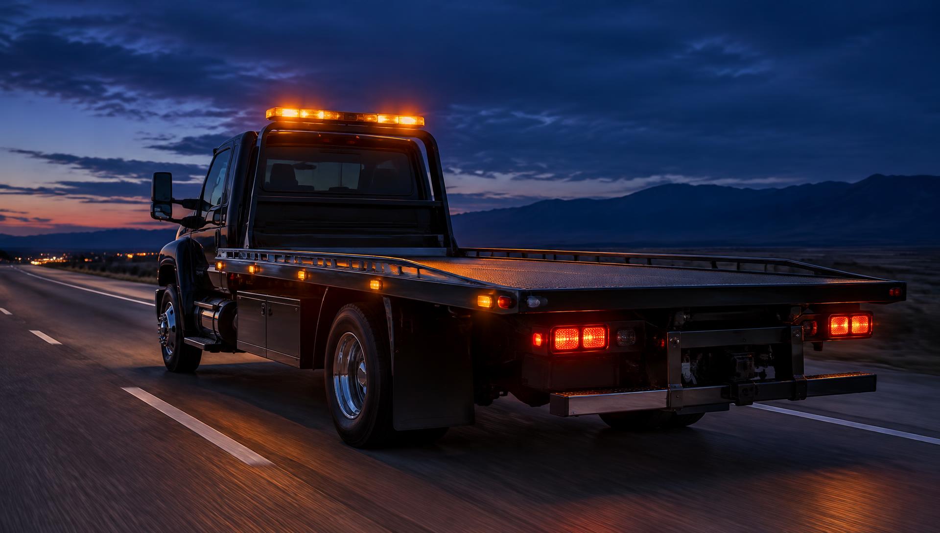 Flatbed tow truck on a Georgia highway at dusk